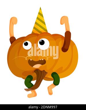 funny dancing pumpkin party boy. Thanksgiving autumn harvest. Autumn Halloween pumpkins. Edible plants. Isolated vector on white background in cartoon Stock Vector