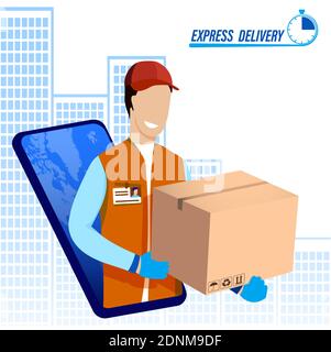 fast delivery of goods all over the world. Delivery service worker with cardboard box in his hands on background of big city. Concept delivery of parc Stock Vector