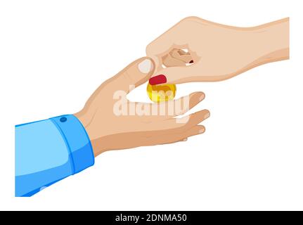 female hand puts a coin with dollar sign in male palm. Economic crimes, giving bribes to officials. Return of debt to the bank. Cartoon vector on whit Stock Vector