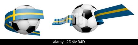 balls for soccer, classic football in ribbons with colors of Sweden flag. Design element for football competitions. Swedish national team. Isolated ve Stock Vector