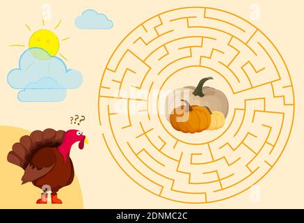 Children games. Round maze, labyrinth. Hungry turkey. Help the turkey find its way through the maze to pumpkins and have lunch. Vector Stock Vector