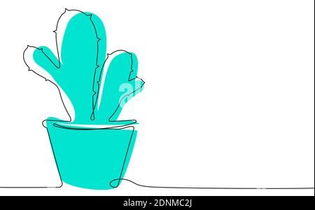Home cactus in flower pot in one continuous line. Houseplants, succulents of Mexican desert. Vector Stock Vector