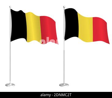 Flag of Belgium on flagpole waving in the wind. Holiday design element. Checkpoint for map symbols. Isolated vector on white background Stock Vector