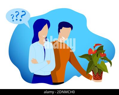 guy gives young girl, friend pot with indoor flower. Friendship between man and woman, family relationships. Gifts for no reason. Vector Stock Vector