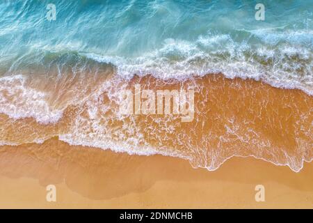 Seascape, sandy beach, sand and water, top view, abstract nature landscape background Stock Photo