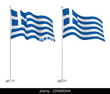 Greece flag on flagpole waving in the wind. Holiday design element. Checkpoint for map symbols. Isolated vector on white background Stock Vector