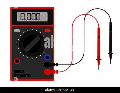 Digital multimeter in flat style, device for measuring current and voltage in electrical circuit. Tool of installer, electrician, system administrator Stock Vector