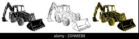 Construction equipment tractor in sketch linear style. Industrial machinery and equipment. Isolated vector on white Stock Vector