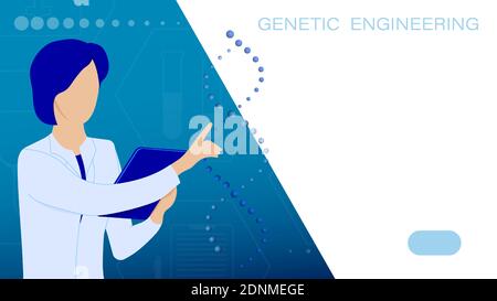 Research Institute. Student, medical scientist in white coat examines DNA spiral. Molecular engineer vector page. Laboratory scientist is conducting r Stock Vector
