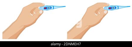 mans hand holds an electronic thermometer with a normal body temperature of 36.6 and high of 39.6 degrees Celsius. Health and disease prevention. Cart Stock Vector