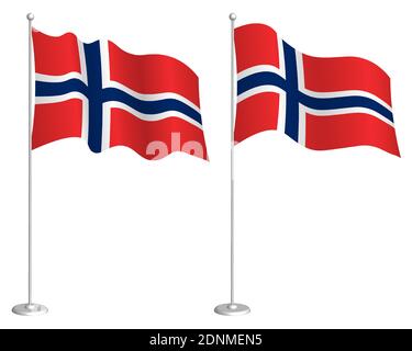 norway flag on flagpole waving in the wind. Holiday design element. Checkpoint for map symbols. Isolated vector on white background Stock Vector