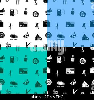 seamless pattern for car repair service. Digital multimeter, tester, tires, paint, spark plug, engine, brake disc. Car battery charge measurement. Pat Stock Vector