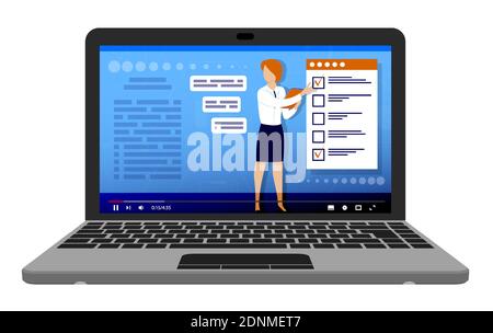 Online education, learning. Teacher conducts lesson online from laptop. Explains teaching material. Student takes exam using checklist from smartphone Stock Vector