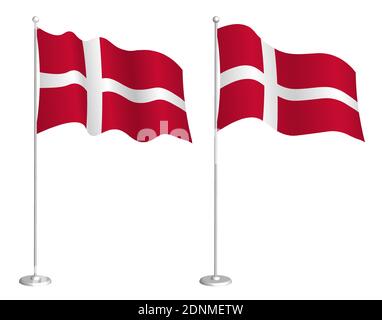 Denmark flag on flagpole waving in the wind. Holiday design element. Checkpoint for map symbols. Isolated vector on white background Stock Vector