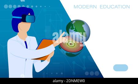 Research Institute. Student, scientist in virtual reality glasses looks at planet in cut. High technologies in modern education. Virtual reality in te Stock Vector