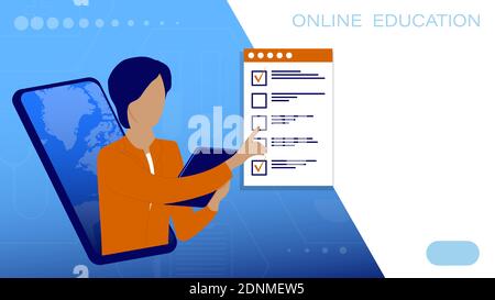 Online education, learning. Teacher conducts lesson online from smartphone. Explains teaching material. Student takes exam using checklist from smartp Stock Vector