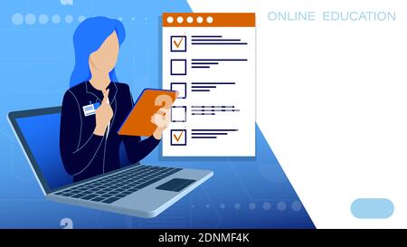 Online education, learning. Teacher conducts lesson online from laptop. Explains teaching material. Online conferences, training, remote work from hom Stock Vector