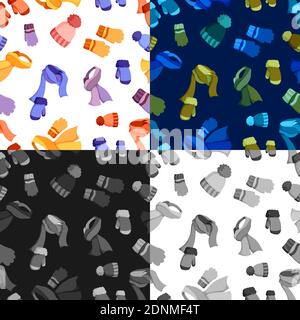 Set of seamless patterns with winter clothes. Winter warm scarf, hat and wool gloves. Clothing for cold weather. Caring for health of children. Color Stock Vector