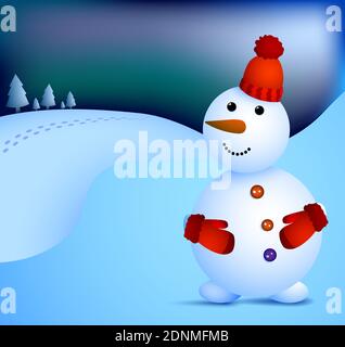 kind snowman stands at night and looks at northern lights. Winter cityscape and snowman. Meeting of Christmas and New Year. Winter fun. Cartoon vector Stock Vector