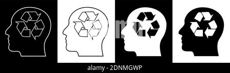human head with recyclable sign inside. Arrow sign for recycling waste, used raw materials. Caring for environment. Green modern technologies. Isolate Stock Vector