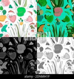 Set of seamless patterns with flowers in indoor pots. Floral print for printing ornament on textiles and fabrics. Flowers in pot. Exotic plants Succul Stock Vector