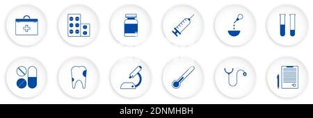 set of medical icons. First aid kit, stethoscope, pills, syringe, tooth, microscope, test tubes with analyzes, doctor conclusion. Vector in neomorph s Stock Vector