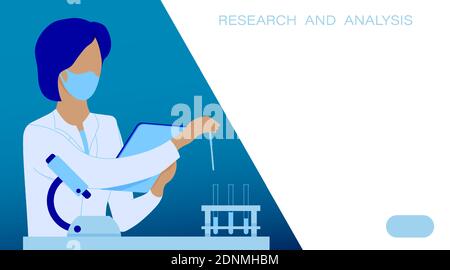 Student, medical scientist in white coat is conducting research experiment in chemistry and biology. Liquid drips into test tube. Scientific research Stock Vector