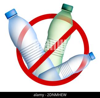 Plastic bottles under prohibition sign. Combating environmental pollution with plastic waste. Re-processing of raw materials. Caring for environment. Stock Vector