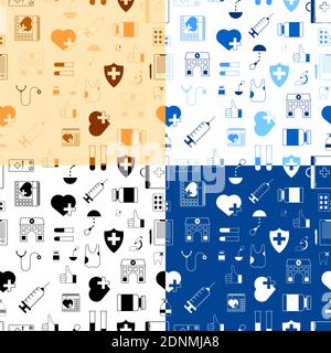 Set of seamless patterns with medical icons. First aid kit, stethoscope, pills, syringe, tooth, microscope, test tubes, hospital, doctor conclusion. V Stock Vector