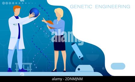 Research Institute. Medical scientists in white coat examines DNA spiral. Molecular engineer vector page. Laboratory scientist is conducting research Stock Vector