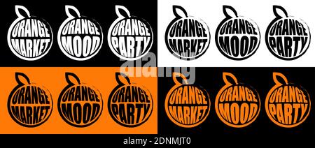 original logo of a whole orange with a leaf. Part of the menu design, store or party name. Black white vector Stock Vector