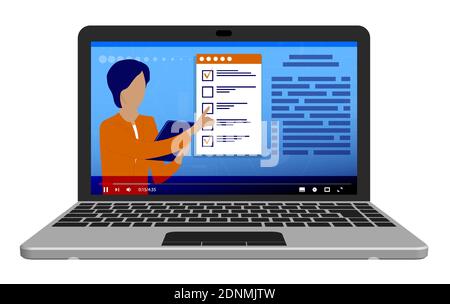 Online education, learning. Teacher conducts lesson online from laptop. Explains teaching material. Student takes exam using checklist from smartphone Stock Vector