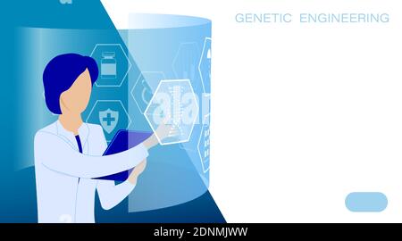 Research Institute. Student, medical scientist in white coat examines DNA spiral behind touch screen. Molecular engineer page. Laboratory scientist is Stock Vector
