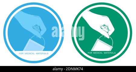 Sticker. Female hand of doctor in medical rubber glove puts protective medical mask in special trash can. Disposal of hazardous materials, processing Stock Vector