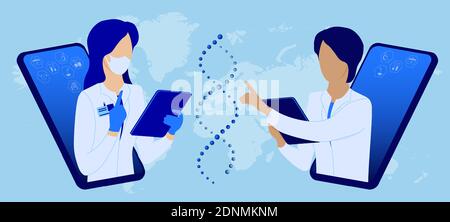 Teamwork online. Research Institute. Students, medical scientists in white coats are examining DNA helix. Laboratory scientist is conducting research Stock Vector
