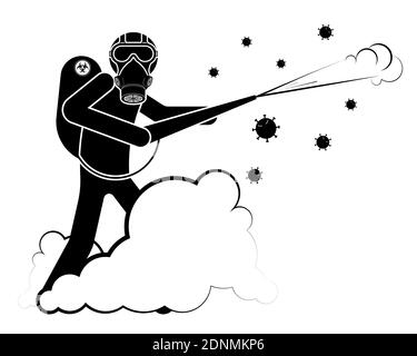 stick man, disinfector fights viruses and infection in protective suit and respirator. Prevention of spread of disease. Isolated vector Stock Vector