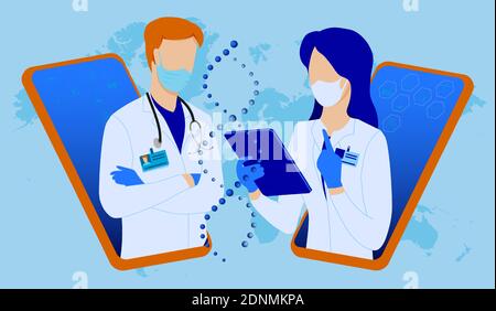 Teamwork online. Medical scientists, doctors in white coats are examining DNA helix. Laboratory scientist is conducting research experiment. Research Stock Vector