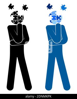 stick figure, man stands in thought. Making difficult decisions, answering questions. Puzzle pieces fly overhead. Vector on white background Stock Vector