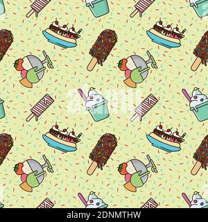 Seamless pattern with a variety of ice cream. Delicious desserts vector wallpaper illustration. Stock Vector