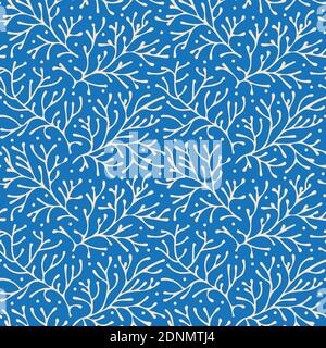 Abstract floral seamless pattern vector, beige branches on blue background Stock Vector