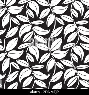 Seamless vector pattern with simple leaves on branches in black and white Nature wallpaper background. Stock Vector