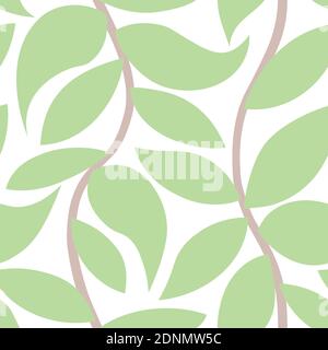Seamless vector pattern with simple leaves on branches in pastel color. Nature wallpaper background. Stock Vector