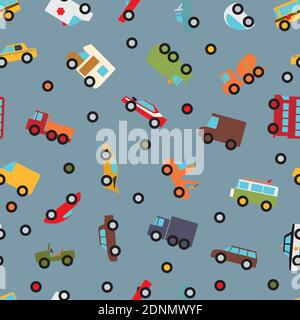Seamless pattern with cars and trucks simple illustrations. Nursery room vector wallpaper. Stock Vector