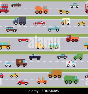 Seamless pattern with cars and trucks on roads. Nursery room vector wallpaper. Stock Vector