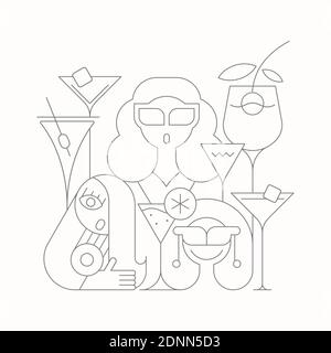 Young women at cocktail party vector illustration. Line art silhouettes of three women and cocktail glasses isolated on a white background. Stock Vector