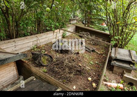 Common Hedgehog (Erinaceus europaeus). Outdoor enclosure with hedgehog houses. Germany Stock Photo