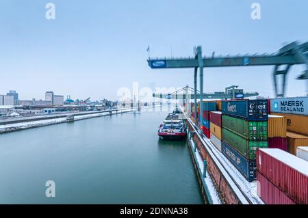 Mannheim, Germany. January 16th 2010. Terminal Container of Mannheim covered with snow. River port on the Rhine. One of the most important inland port Stock Photo