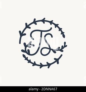 T S TS monogram logo. Ts minimalist handwriting initials or icon with floral elements. Design for wedding invitation, floral and botanical shop. Black Stock Vector