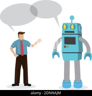 Robot talking with an office worker. Depicts automation, future job market and artificial intelligence. Concept of Human vs Robot. Isolated vector car Stock Vector
