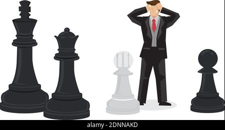 Cartoon businessman losing in giant chess game. Creative vector illustration on business strategy Vector cartoon illustration. Stock Vector